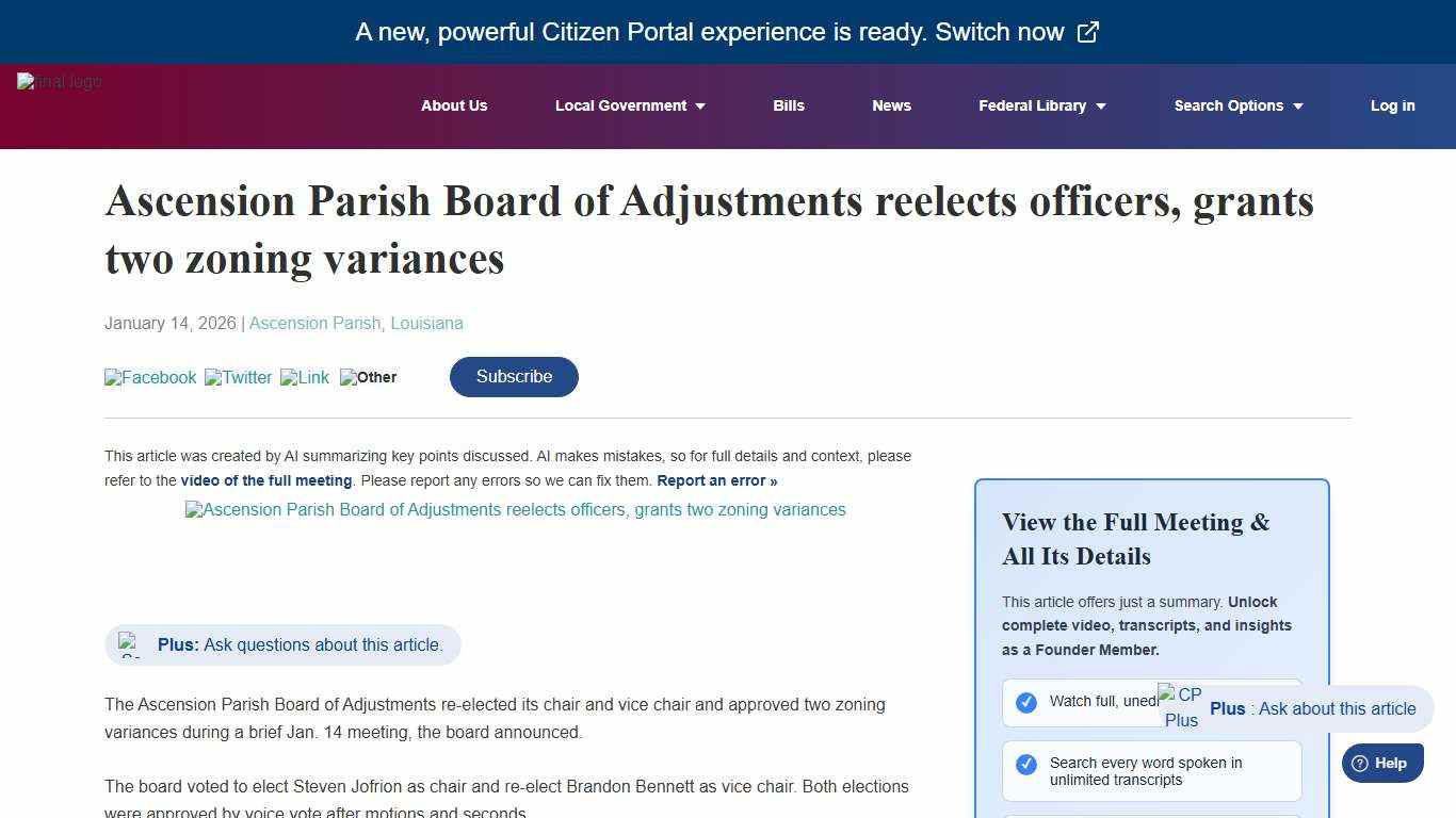 CitizenPortal.ai - Ascension Parish Board of Adjustments reelects officers, grants two zoning variances